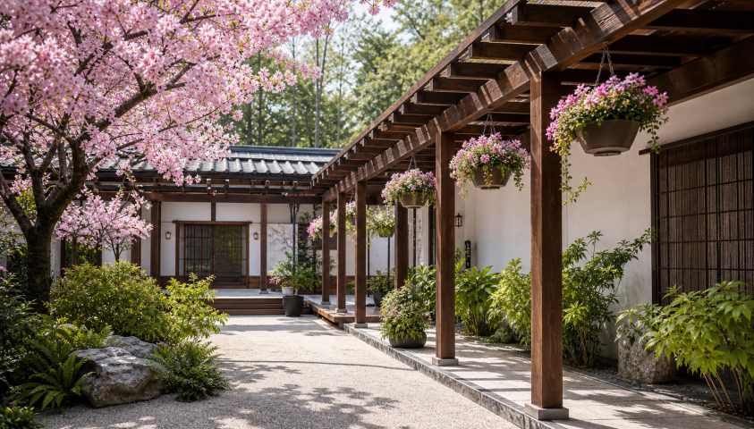 樱花和风院 木架花垂 白砂绿植 清新雅致 4K壁纸 - 唯爱图库