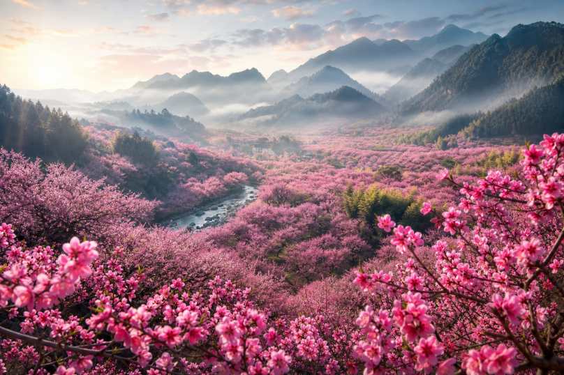 桃花山谷 粉红花海 远山如黛 春日秘境 4K壁纸 - 唯爱图库