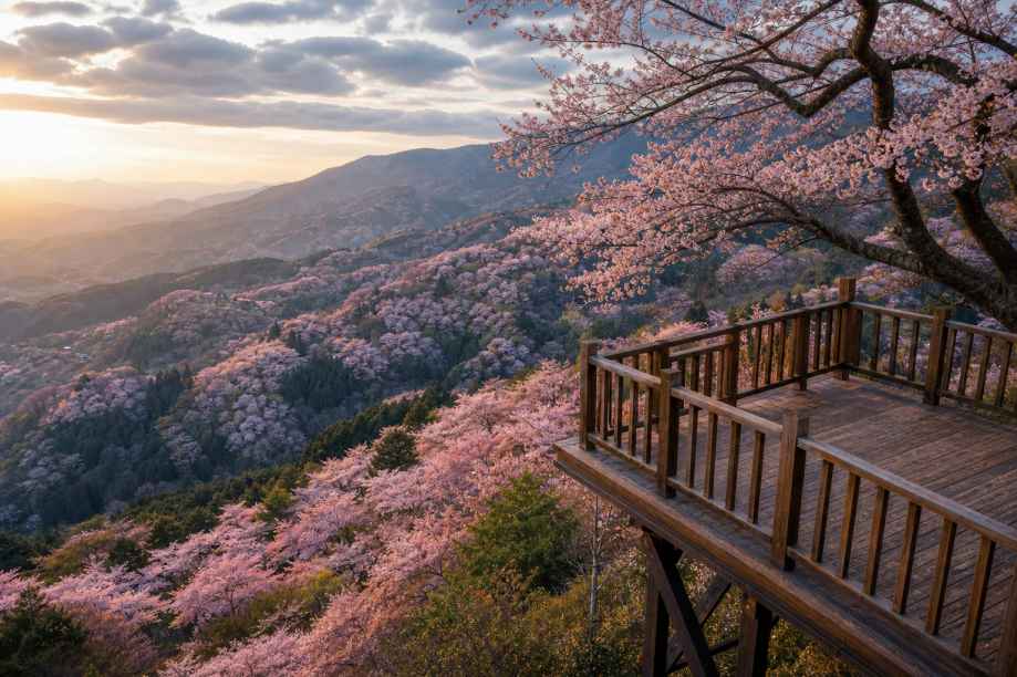 樱花与观景台 高处俯瞰 漫山花海 壮阔春日 4K壁纸 - 唯爱图库