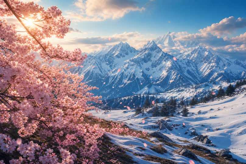 樱花雪山 远处雪峰 近处花盛 冷暖交织 4K壁纸 - 唯爱图库