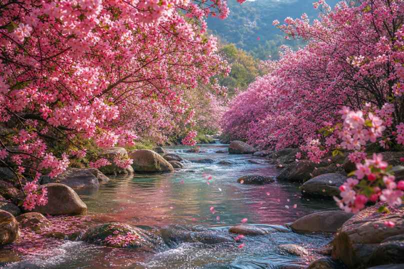 海棠花溪 溪水两岸 海棠盛放 落花流水 4K壁纸 - 唯爱图库