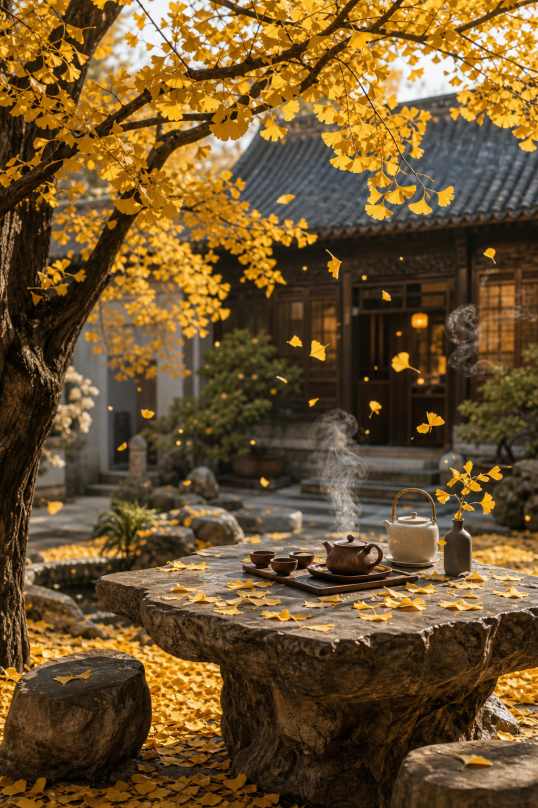 秋日银杏与茶 庭院茶桌 银杏叶落 品茶赏秋 4K壁纸 - 唯爱图库