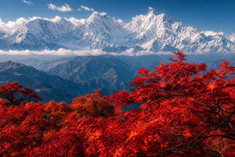 红枫与雪山 远处雪峰 近处枫红 冷暖交织 4K壁纸 - 唯爱图库