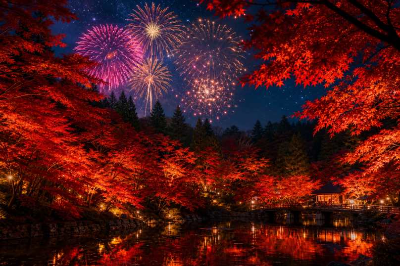 枫林与秋日烟花 夜晚枫林 烟花绽放 浪漫秋夜 4K壁纸 - 唯爱图库