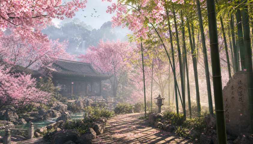 樱花与竹林 竹影樱花 清雅春日 东方意境 4K壁纸 - 唯爱图库