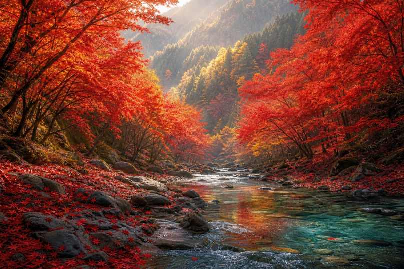 红枫与山涧 山涧溪流 两岸枫红 清幽秋景 4K壁纸 - 唯爱图库