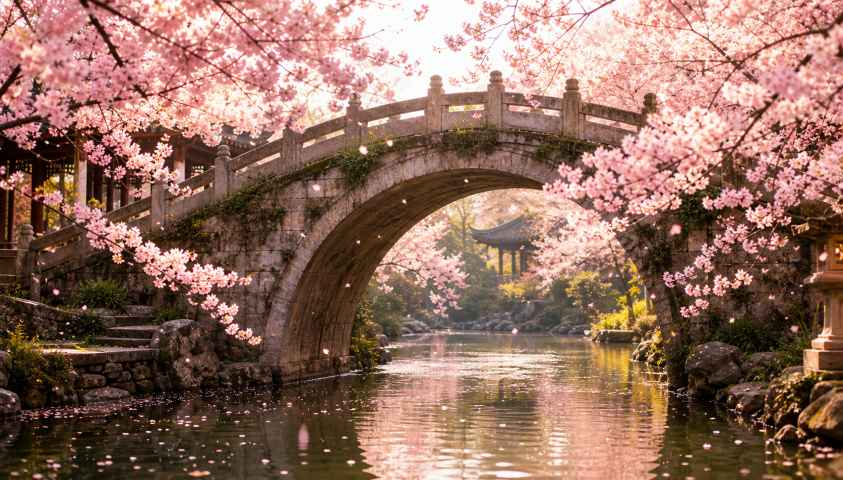樱花与古桥 石拱古桥 花树掩映 古韵春日 4K壁纸 - 唯爱图库