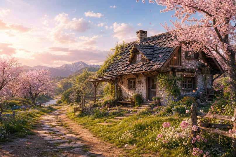 樱花与牧场小屋 草原小屋 花树旁立 治愈田园 4K壁纸 - 唯爱图库