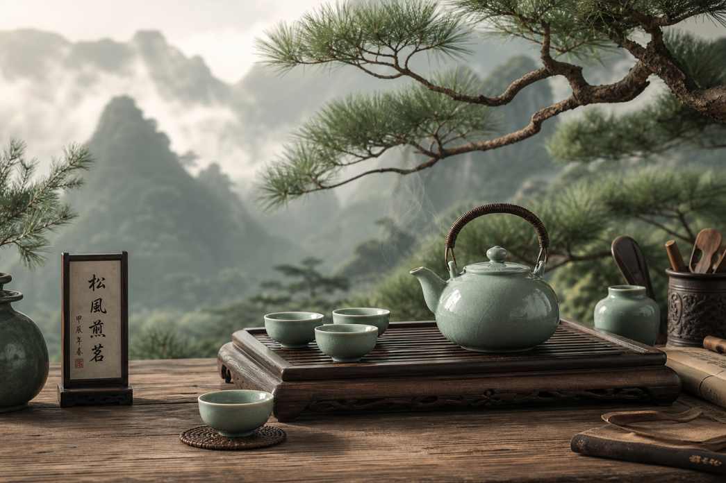 青瓷茶具 松间茶席 清幽雅致 古风静物 4K 壁纸 - 唯爱图库