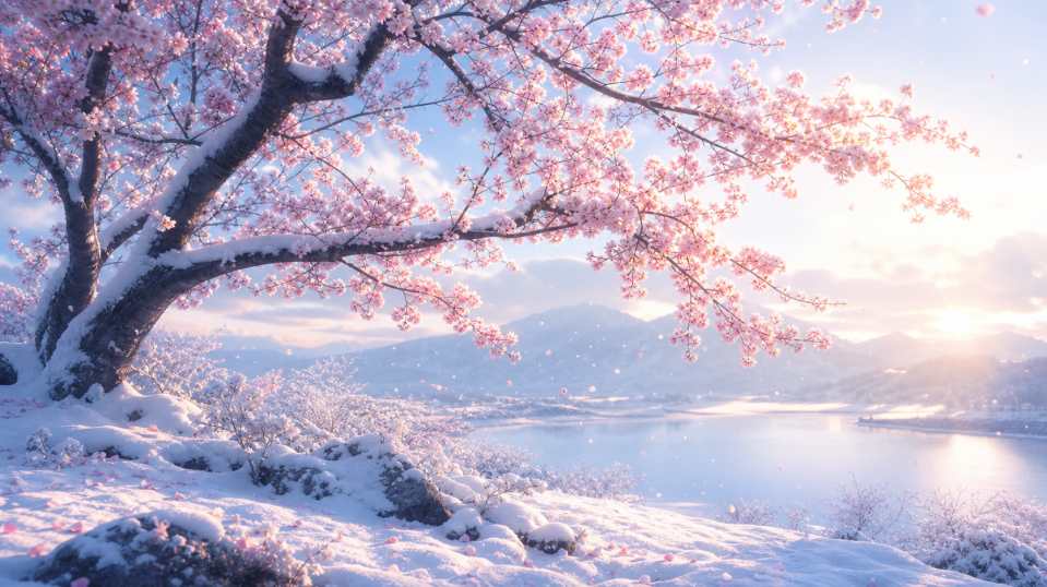 雪后樱花 早雪落樱 粉白相间 唯美惊艳 4K壁纸 - 唯爱图库