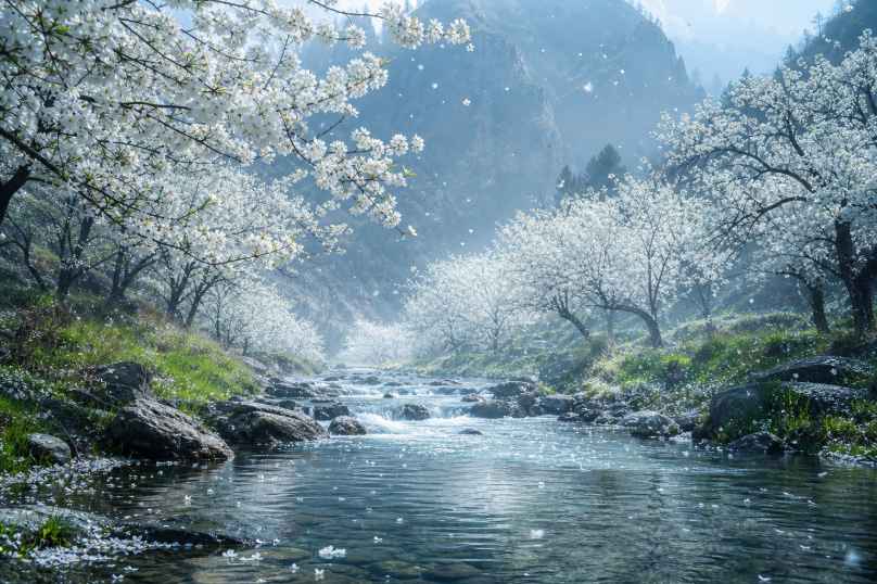梨花溪谷 溪水两岸 梨花盛放 清冷治愈 4K壁纸 - 唯爱图库