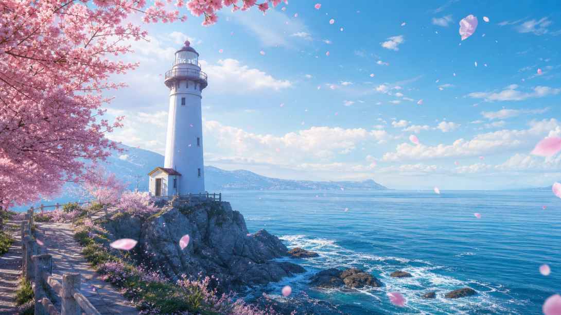 樱花与灯塔 海岸灯塔 粉花相伴 清新文艺 4K壁纸 - 唯爱图库