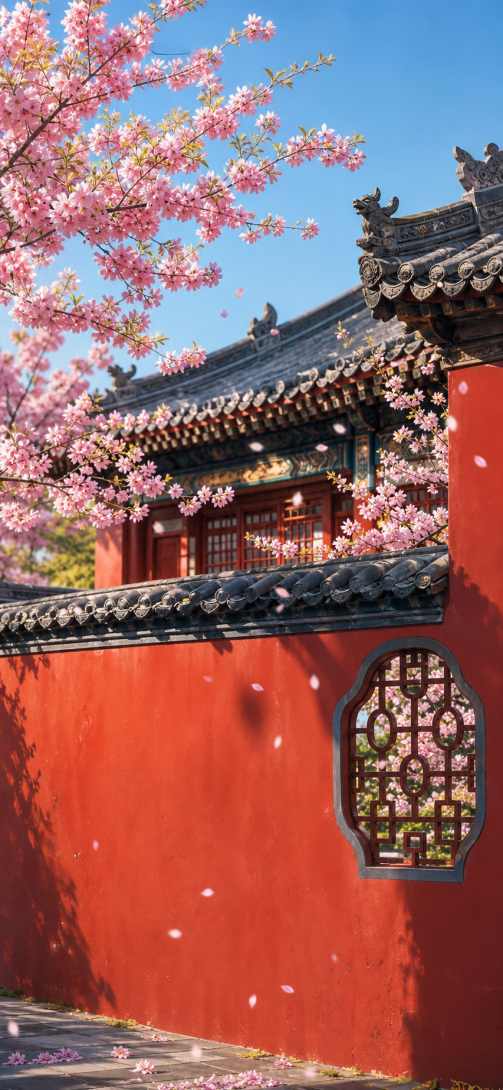 古建樱花 红墙黛瓦 花枝探墙 国风春日 4K壁纸 - 唯爱图库