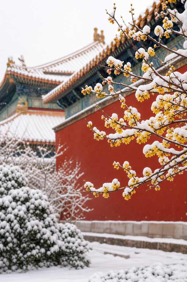 红墙雪景 白雪覆盖 腊梅旁生 雅致国风 4K壁纸 - 唯爱图库