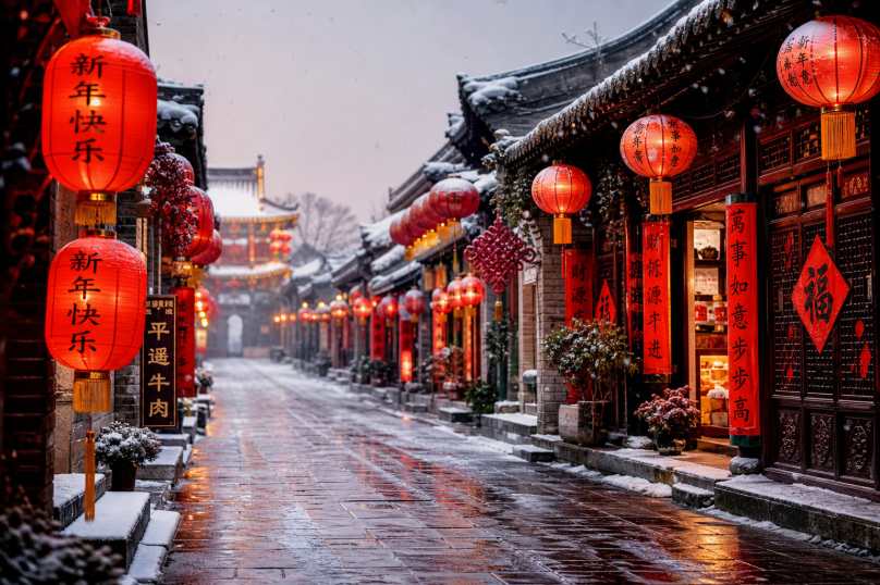 雪后古街灯笼 古街积雪 红灯笼高挂 年味冬日 4K壁纸 - 唯爱图库