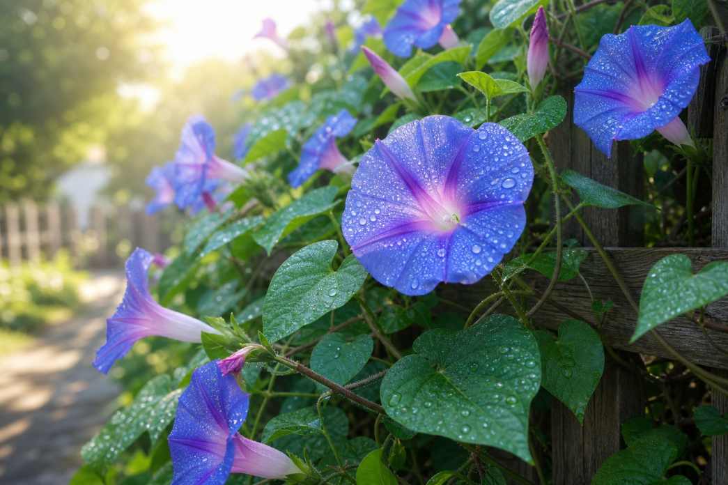 夏日牵牛花 篱笆攀爬 清晨露珠 清新淡雅 4K壁纸 - 唯爱图库