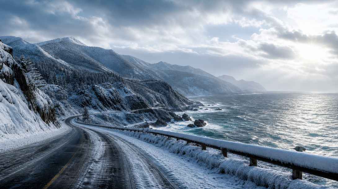 雪与海岸公路 沿海公路 旁侧积雪 自驾冬景 4K壁纸 - 唯爱图库