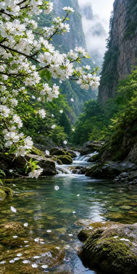 梨花与溪流 山涧清溪 梨花飘落 清冷治愈 4K壁纸 - 唯爱图库