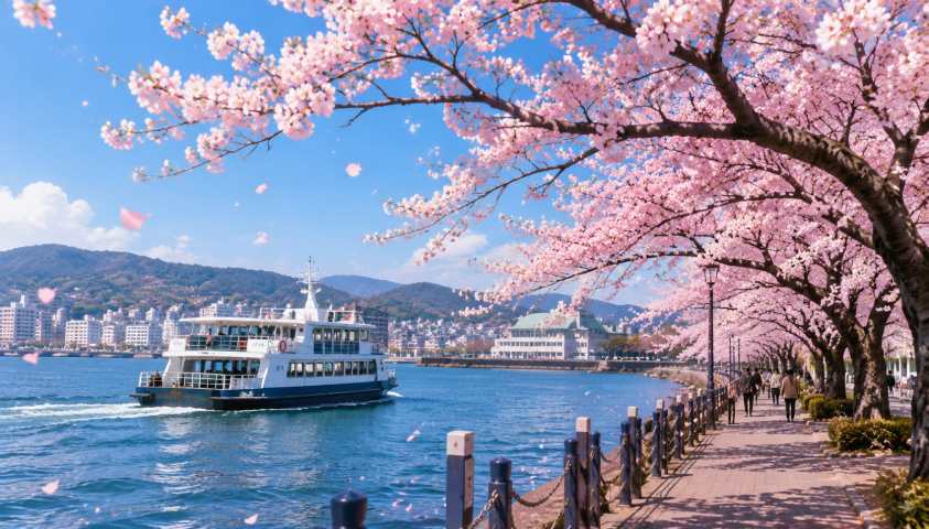 樱花与渡轮 江面渡轮 江岸花树 春日出行 4K壁纸 - 唯爱图库
