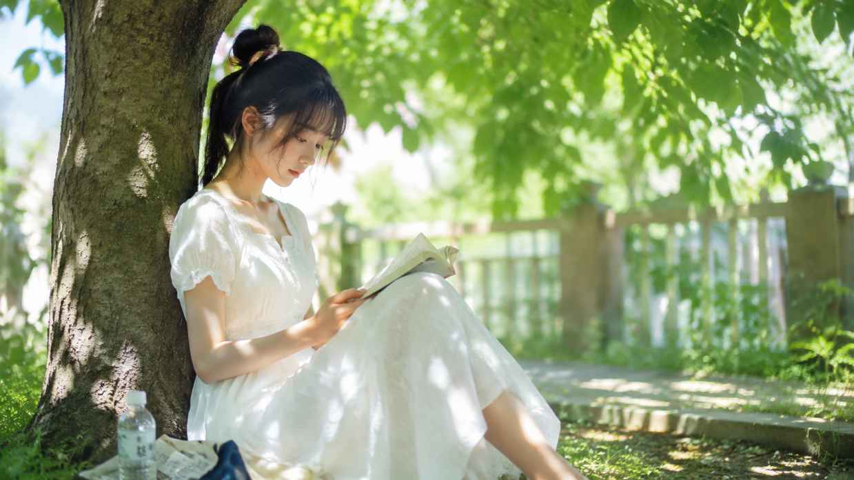 夏日白衣少女 树荫下读书 阳光斑驳 清新日系 4K壁纸 - 唯爱图库