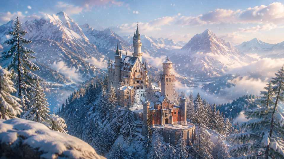 雪与古堡 山间古堡 白雪覆盖 童话冬景 4K壁纸 - 唯爱图库