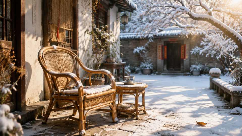 冬日暖阳与老藤椅 老藤椅 晒暖阳 庭院雪景 闲逸冬日 4K壁纸 - 唯爱图库