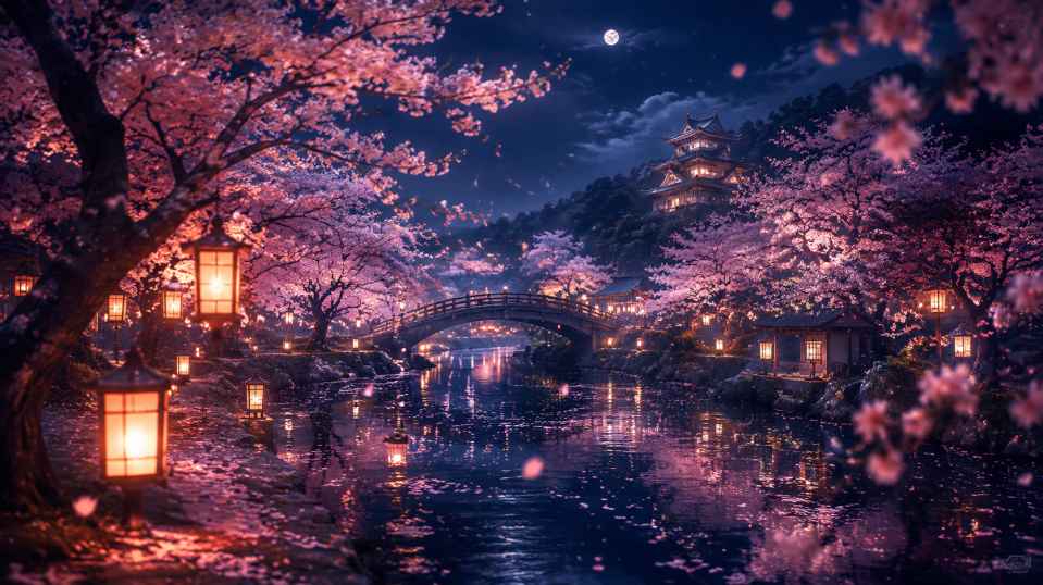 夜樱景色 灯笼微光 花瓣朦胧 夜色浪漫 4K壁纸 - 唯爱图库