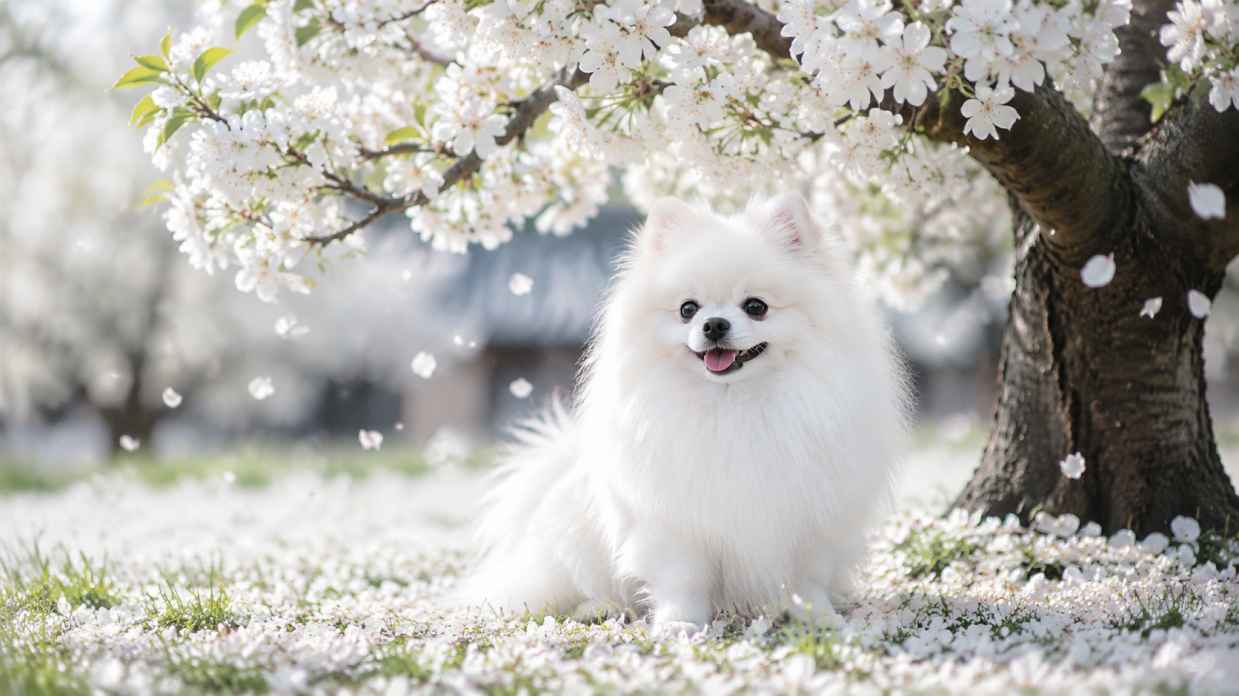 博美与梨花树下 白毛似雪 花瓣飘落 纯净春日 4K壁纸 - 唯爱图库