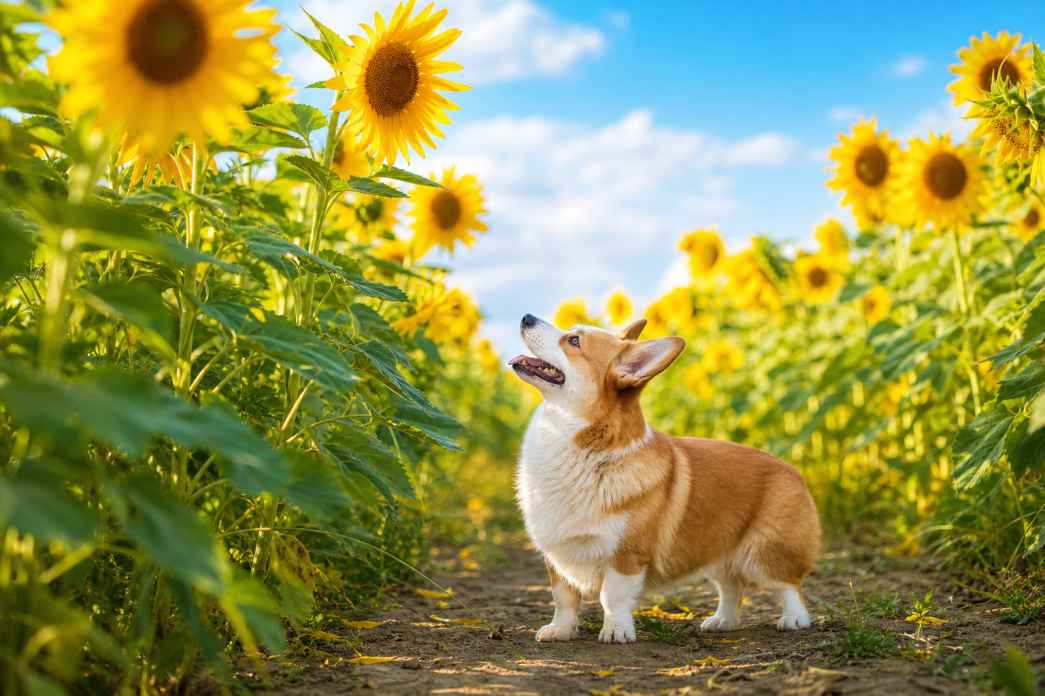 柯基与向日葵花田 短腿伫立 花旁仰望 清新夏日 4K壁纸 - 唯爱图库
