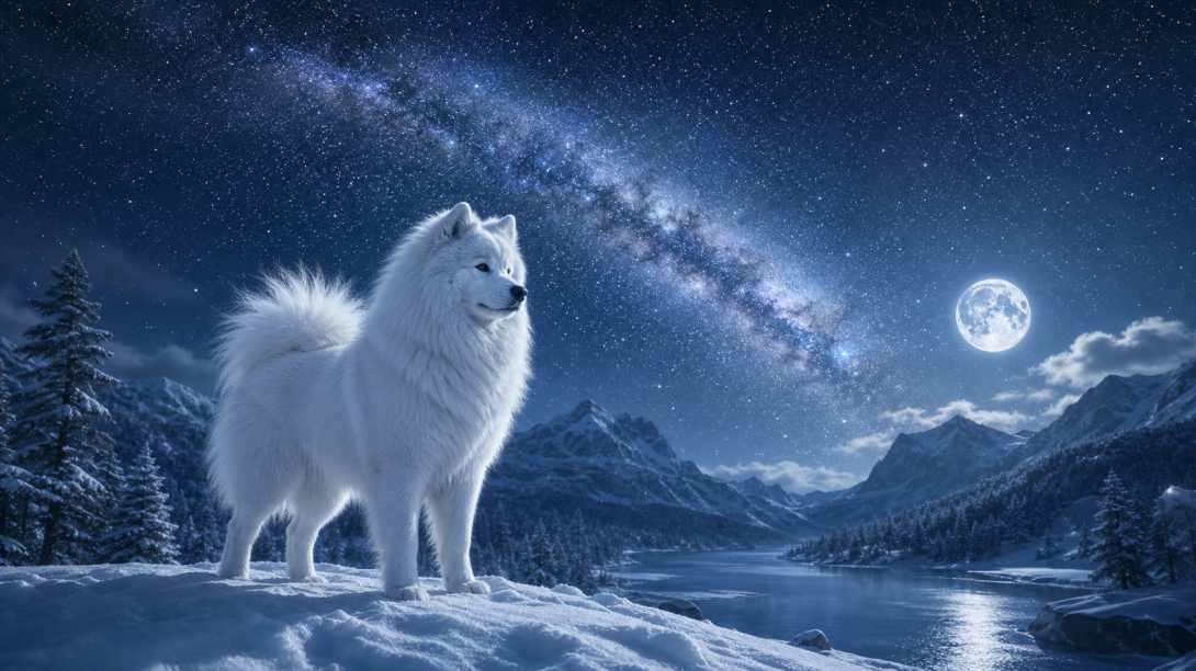 萨摩耶与星空雪地 银白身影 银河相伴 梦幻冬夜 4K壁纸 - 唯爱图库