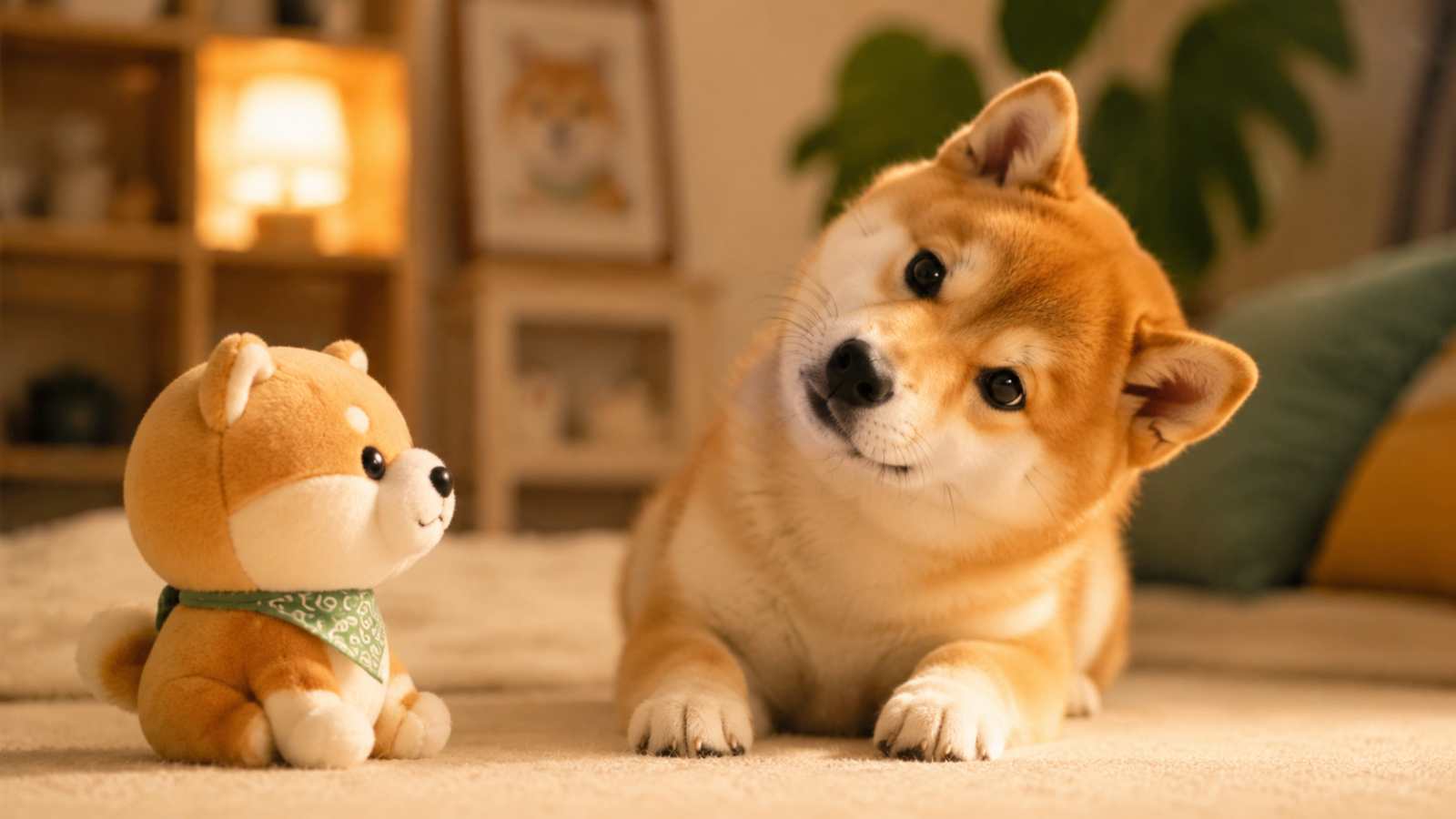 柴犬与玩偶对视 歪头萌态 趣味日常 温馨治愈 4K壁纸 - 唯爱图库