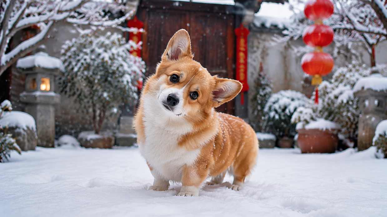 柯基与雪天庭院 短腿踩雪 歪头萌态 趣味冬景 4K壁纸 - 唯爱图库