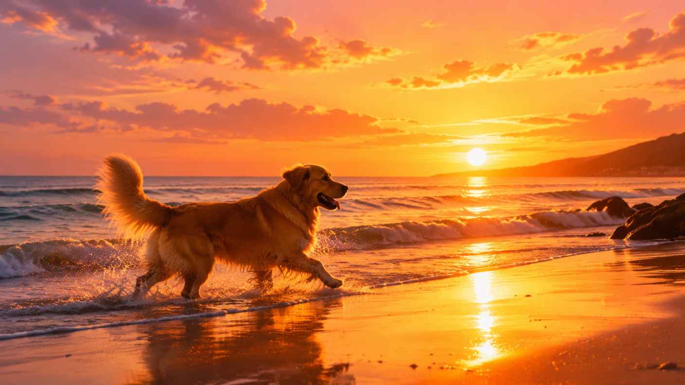 金毛与夕阳海岸 踏浪剪影 余晖染身 浪漫治愈 4K壁纸 - 唯爱图库
