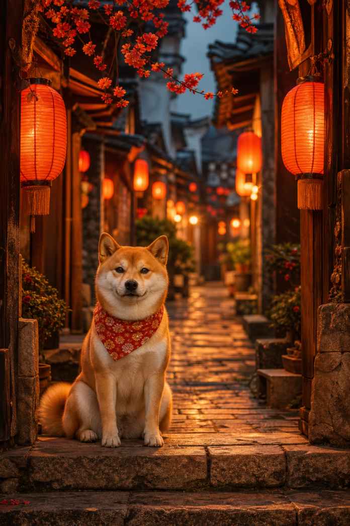 柴犬与古街灯笼 巷口静坐 暖光映身 古韵萌趣 4K壁纸 - 唯爱图库