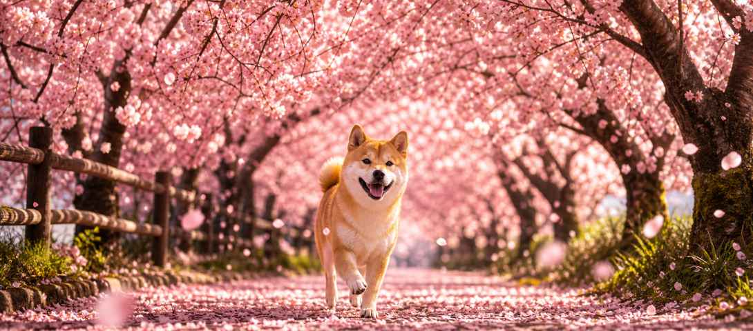 柴犬与樱花隧道 笑脸迎人 花下漫步 浪漫春日 4K壁纸 - 唯爱图库