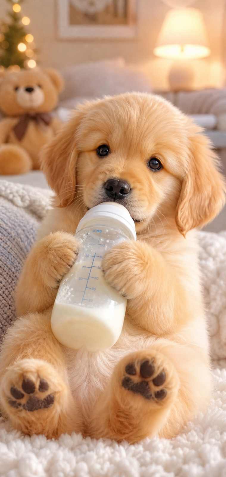 金毛幼犬与奶瓶 软乎乎 喝奶憨态 治愈软萌 4K壁纸 - 唯爱图库