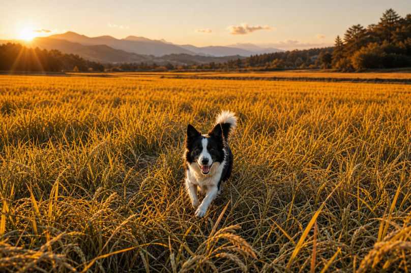 边牧与秋日稻田 金黄稻穗 犬影奔跑 丰收秋意 4K壁纸 - 唯爱图库