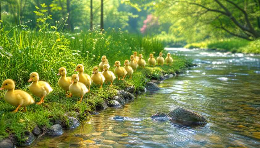 雏鸭与溪边青草 成群漫步 溪水潺潺 生机初夏 4K壁纸 - 唯爱图库