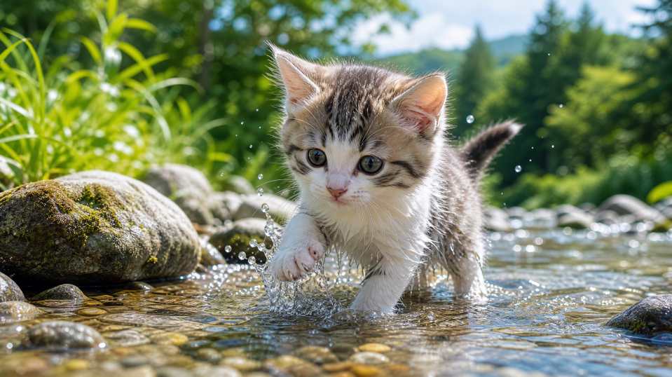 小猫与浅溪石块 踏水浅玩 水珠沾毛 清凉清新 4K壁纸 - 唯爱图库