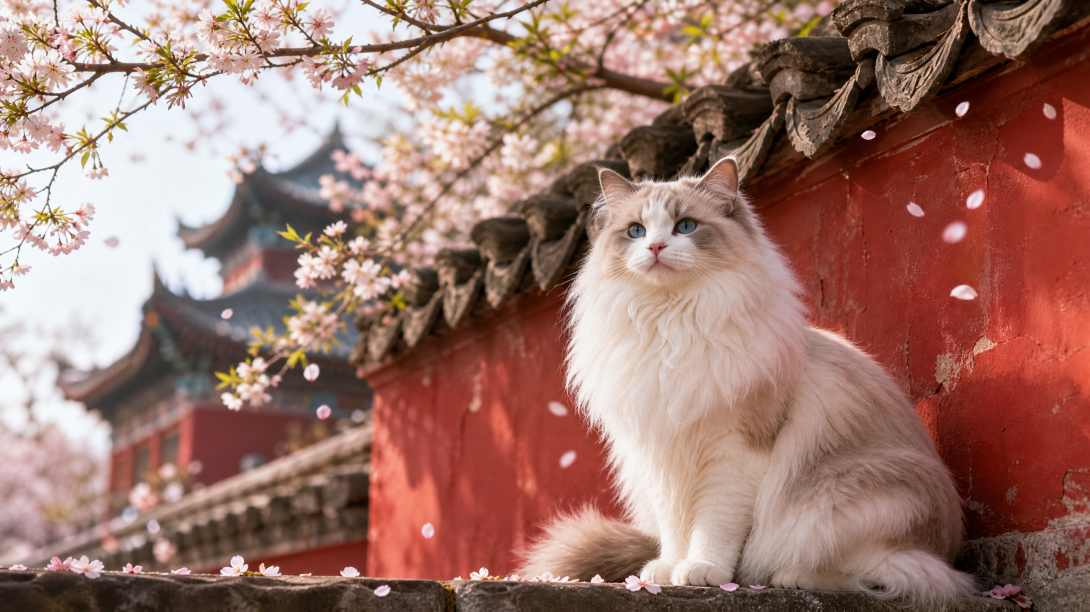 布偶猫与古寺红墙 长毛垂落 落花相伴 雅致春日 4K壁纸 - 唯爱图库