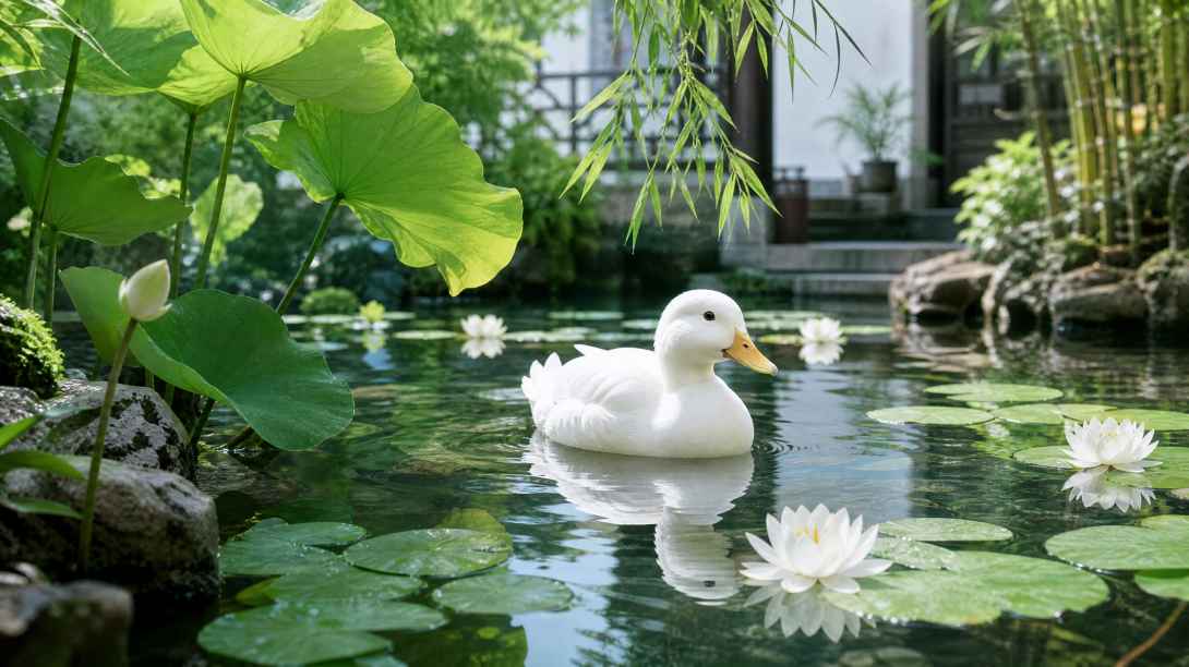 柯尔鸭与庭院池塘 白羽浮游 荷叶相伴 清雅夏日 4K壁纸 - 唯爱图库