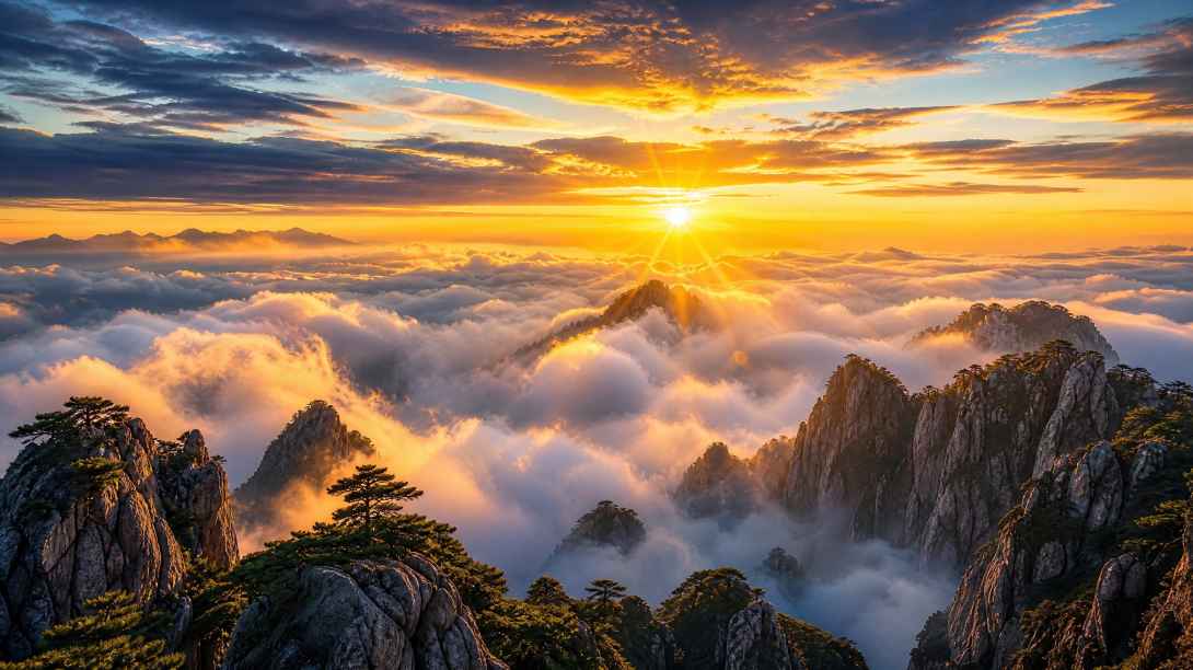 云海山峰与日出晨光 云雾翻涌 金光破云 壮阔山河 4K壁纸 - 唯爱图库