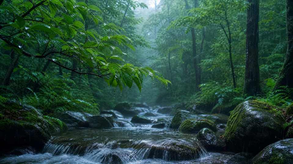 雨天林间溪流 雨水滴落枝叶 溪水叮咚 清幽森林 4K壁纸 - 唯爱图库