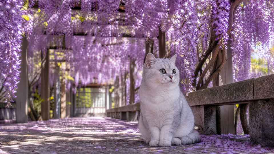 银渐层与紫藤花廊 静坐花下 紫花垂落 浪漫春日 4K壁纸 - 唯爱图库