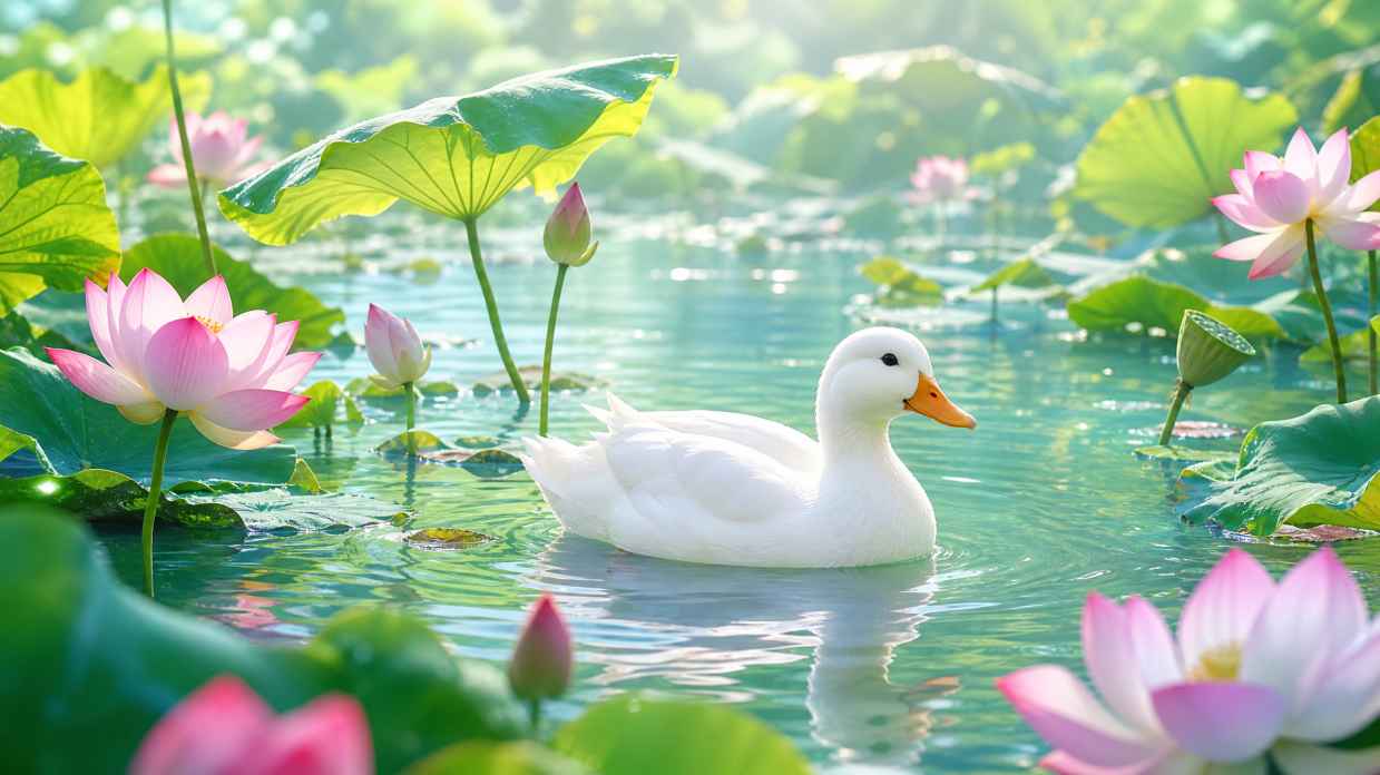 柯尔鸭与荷塘浅塘 白羽游弋 荷风阵阵 清新夏日 4K壁纸 - 唯爱图库
