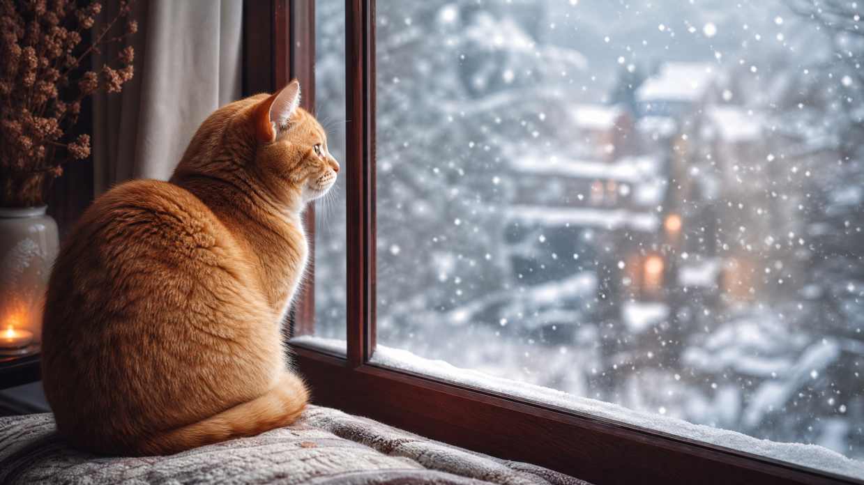 橘猫与飘雪窗边 凝望落雪 安静发呆 温柔冬景 4K壁纸 - 唯爱图库