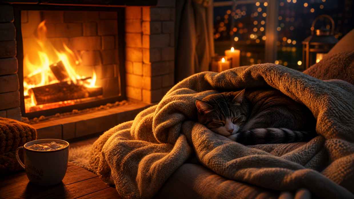 猫咪与壁炉毛毯 蜷卧取暖 火光柔和 温馨冬夜 4K壁纸 - 唯爱图库