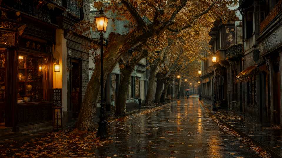 秋雨老街 梧桐落叶 路灯微光 复古氛围感 4K壁纸 - 唯爱图库