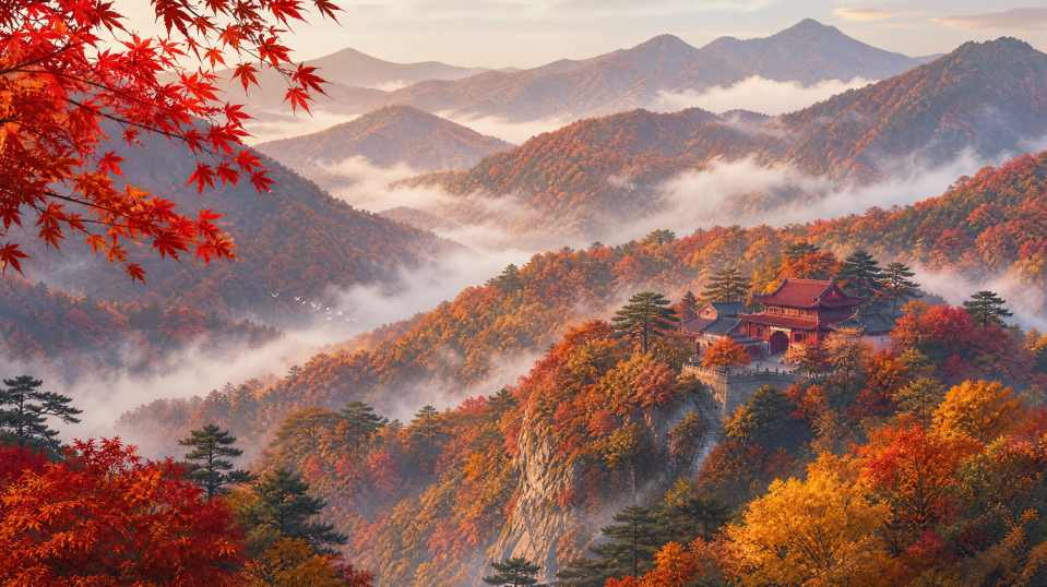 道观秋山远景 红檐隐于枫林 层林尽染 国风秋景 4K壁纸 - 唯爱图库