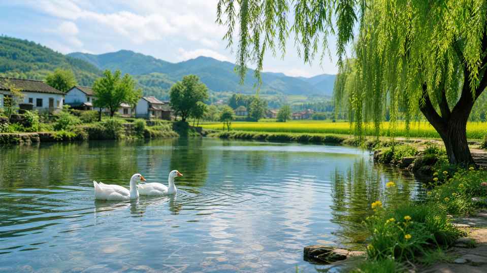 白鹅与乡村小河 结伴游水 岸边垂柳 田园初夏 4K壁纸 - 唯爱图库